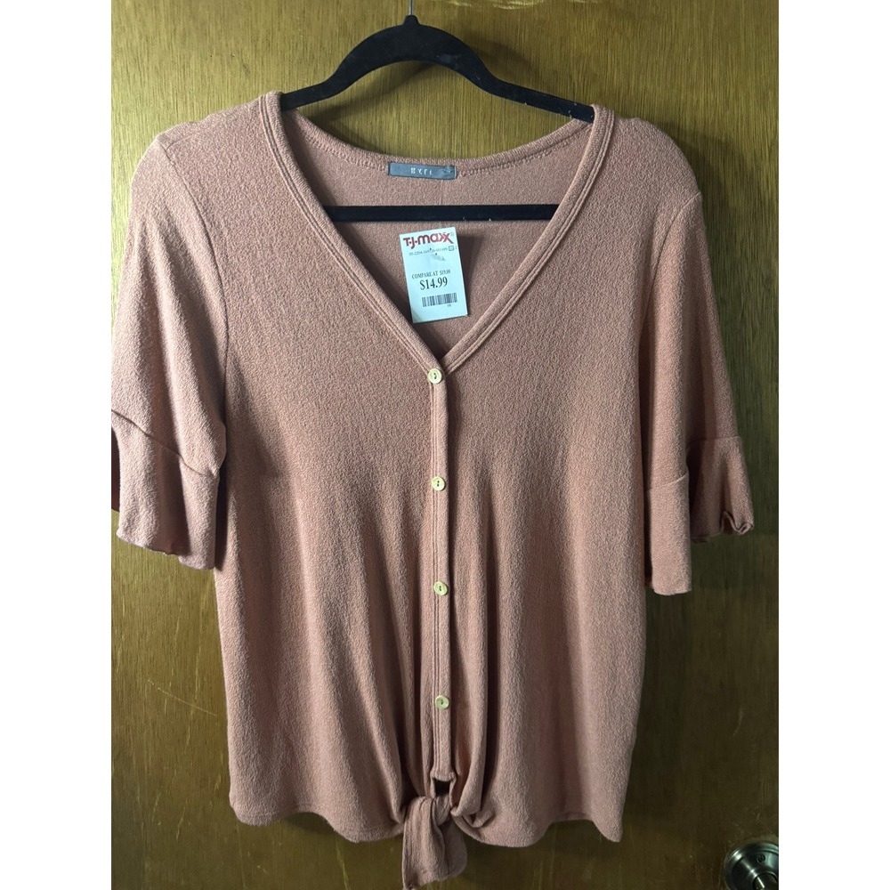 Gyft Women Mauve Pink Button Front Tie Hem Ruffle Sleeve Top Medium New